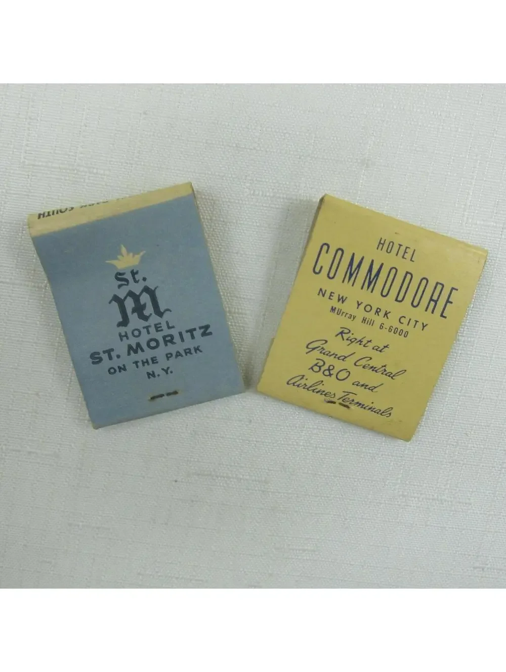2 Vintage Matchbooks FULL Hotel St. Moritz Cafe De La Paix & The Commodore Hotel